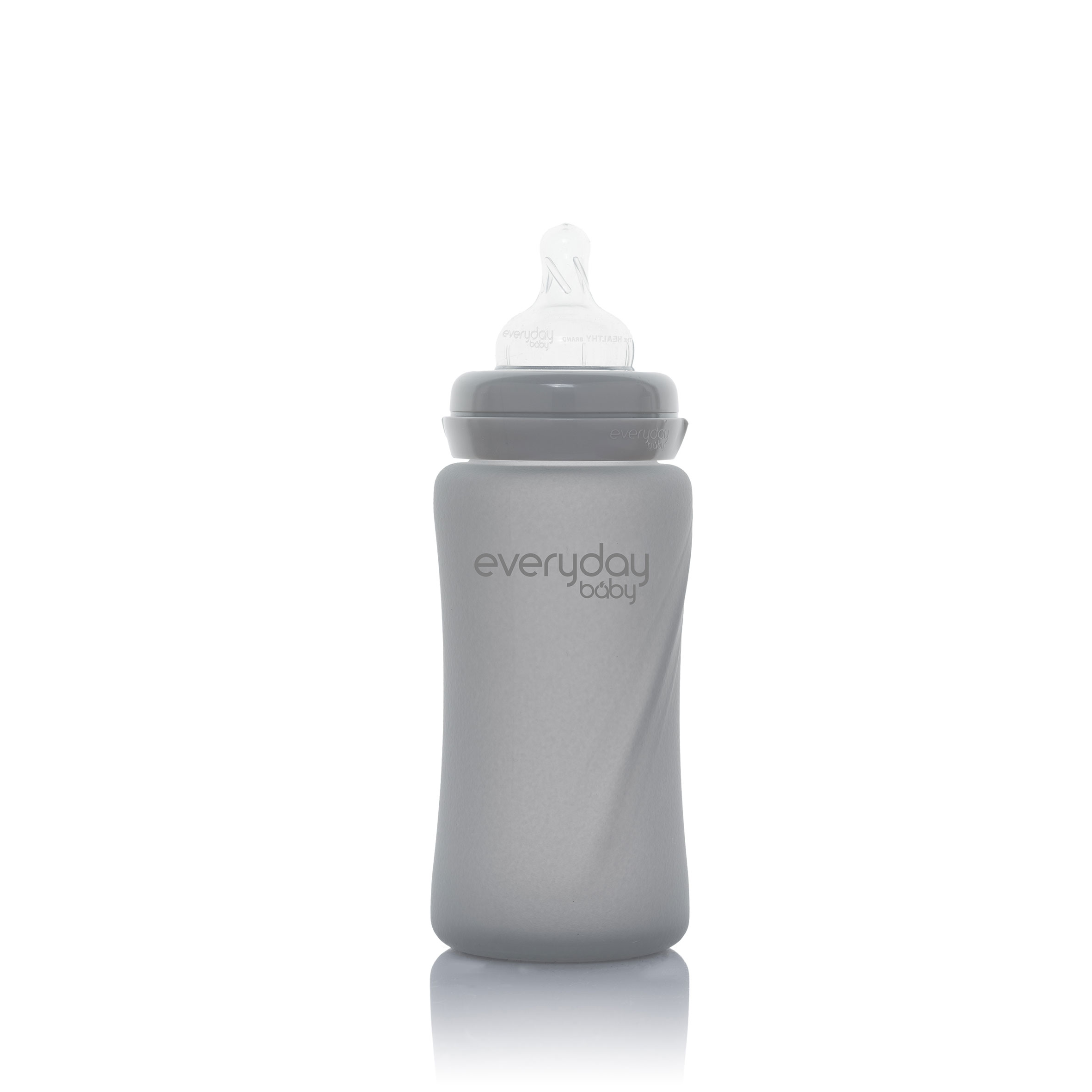 Стеклянная бутылочка с защитным силиконовым покрытием Healthy +, 240 мл, серый. Фото №1