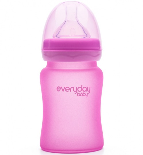 Стеклянная бутылочка с индикатором температуры и защитным силиконовым покрытием, 150 мл, розовый